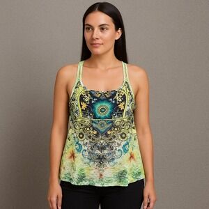 Y2K Tank‎ Top Womens Small Green Boho Festival Mandala Hippie Psychedelic Artsy